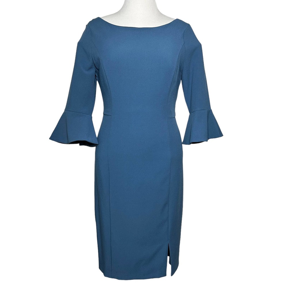WHBM Body Perfecting Ruffle Three Quarter-Sleeve Sheath Dress Women 12 Blue
